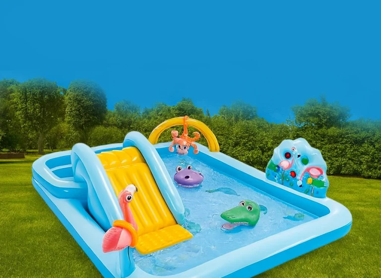 Toboggan Piscine Gonflable Enfant – Anti-basculement, Base Large, Avec Mur D’Escalade Et Pompe à Pied – 3 Kg